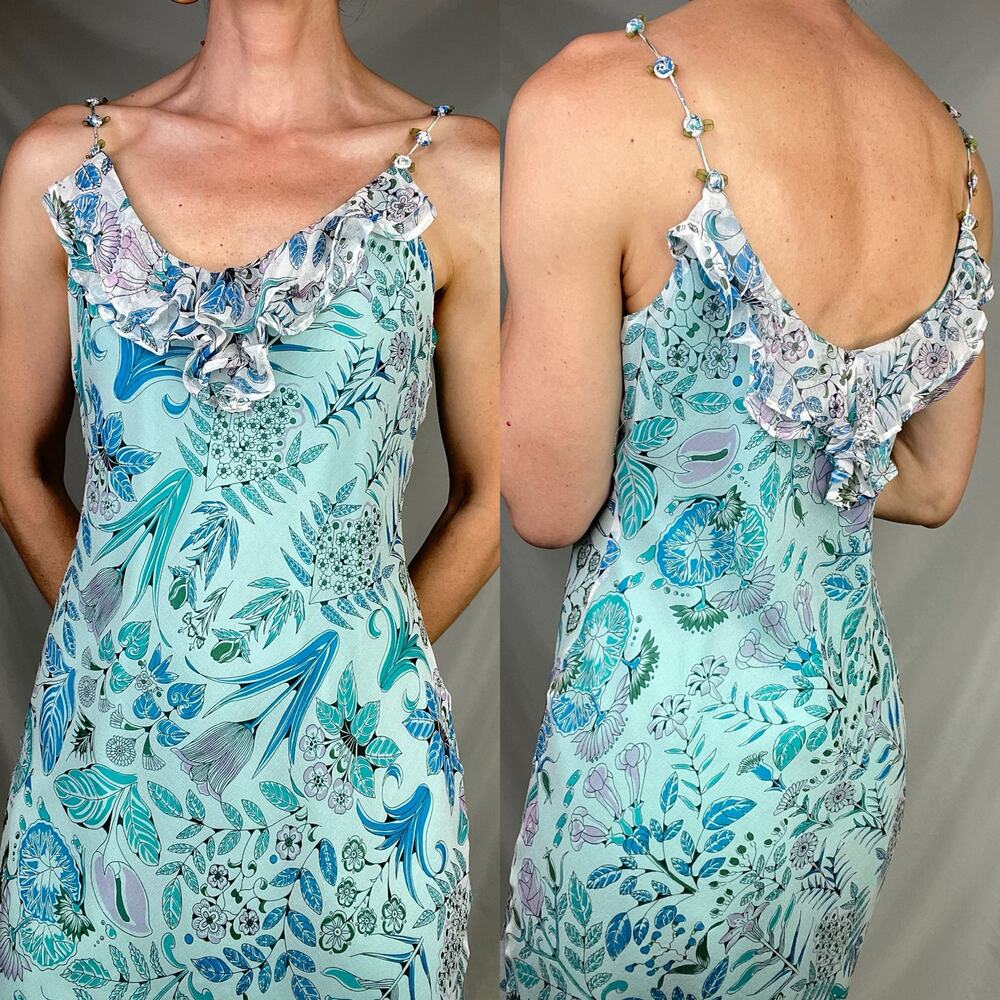 ICE silk floral fairy slip dress rosette straps ruffle asymmetrical vintage Y2K‎ - Picture 14 of 16